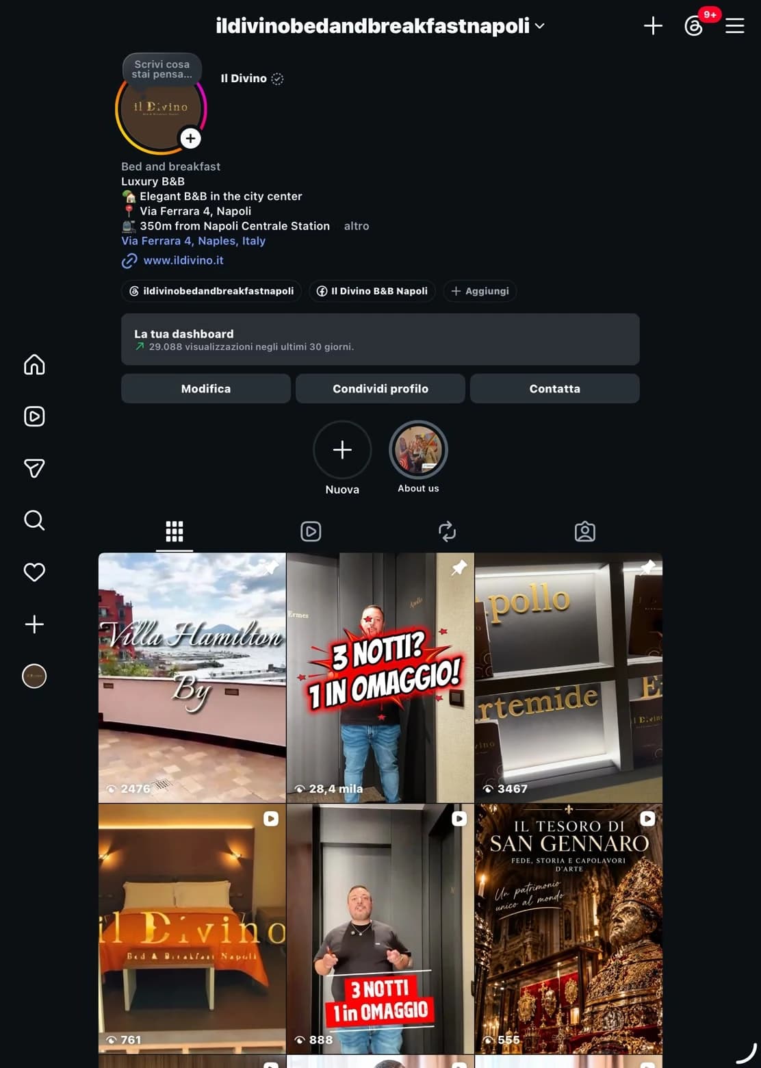 Screenshot del profilo Instagram di Il Divino B&B Napoli
